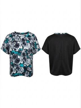 Eloquii Floral Print Short Sleeve Girls' Top in Teal and Black